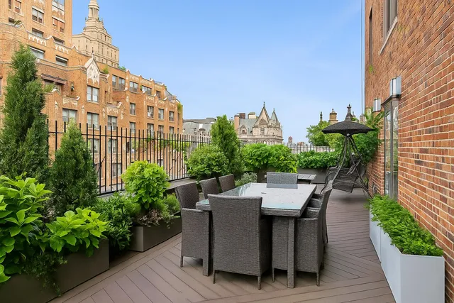 a roof deck with table and chairs and potted plants