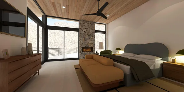 a bedroom with a bed and a large window