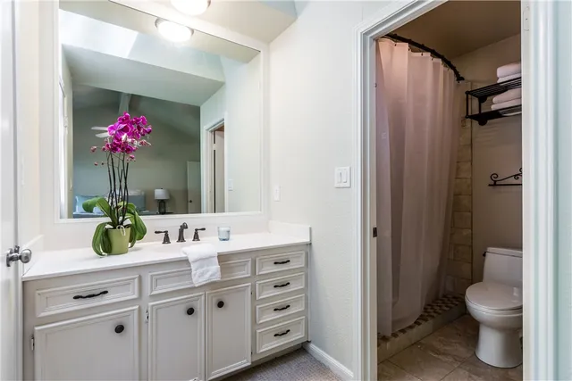 a bathroom with a sink vanity mirror and toilet
