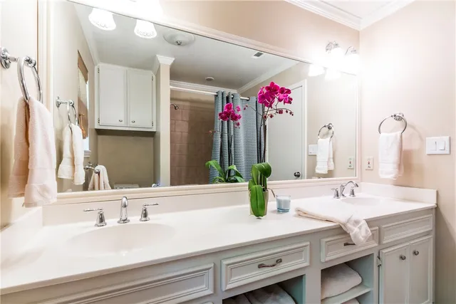 a bathroom with a sink vanity and a mirror