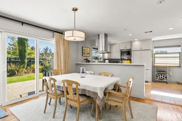 a view of a dining room with furniture window and wooden floor