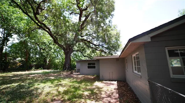 a view of backyard with large trees