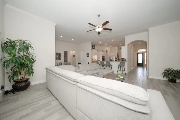 a living room with furniture and a potted plant