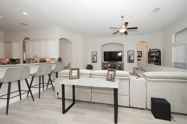 a view of a livingroom with furniture and a fireplace