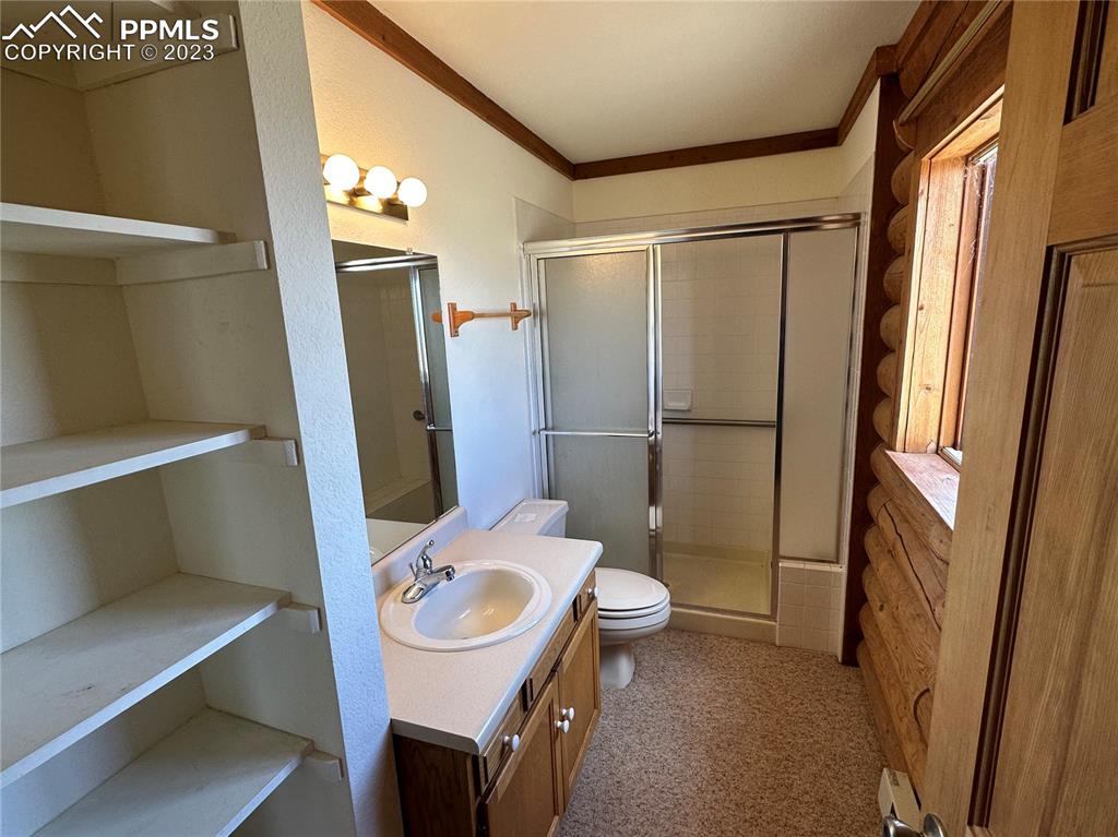 1327 County Road 863 Victor, CO 80860 - Photo 11 of 29 a bathroom with a sink a toilet a mirror and shower