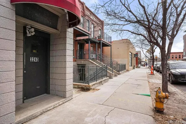 a white building that has a tree on the side of it