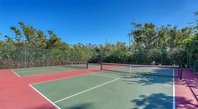 a view of a tennis ground with large trees