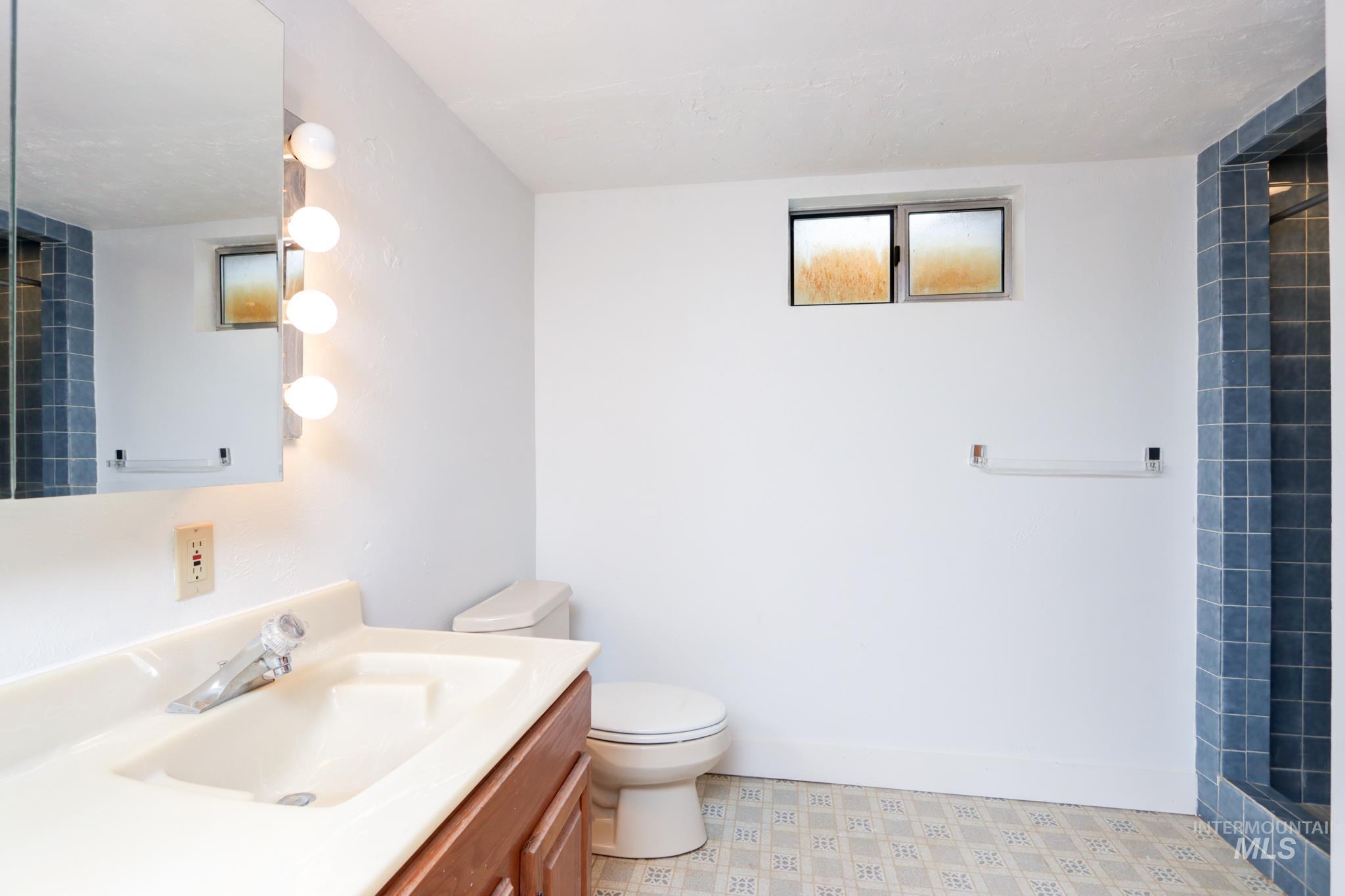 801 Thompson Avenue Nyssa, OR 97913 - Photo 31 of 46 Bathroom featuring a vanity with an integrated sink, medicine cabinet, and vertical four-bulb light fixture