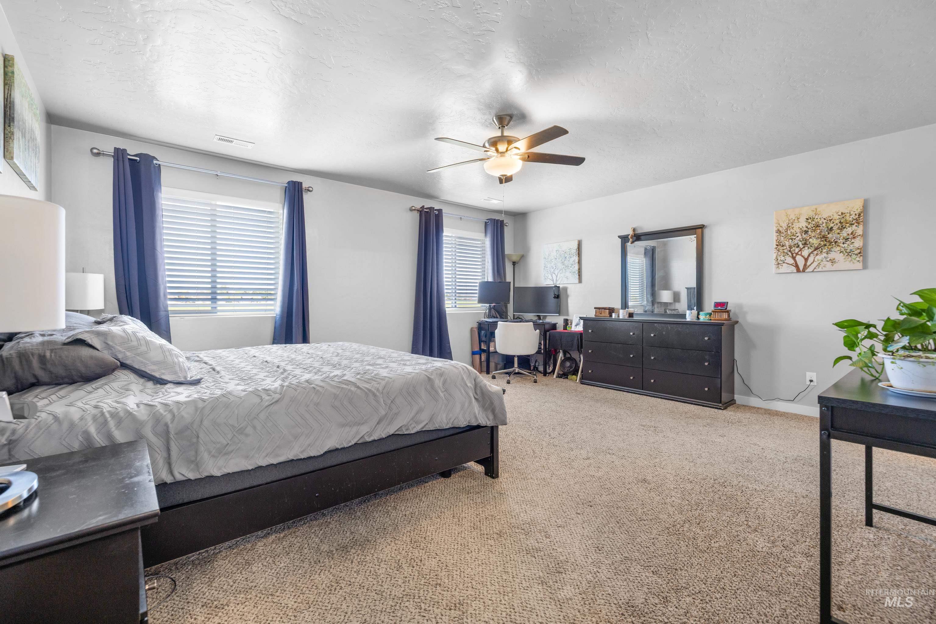 6988 West Spur Street Boise, ID 83709 - Photo 27 of 37 Carpeted bedroom with a textured ceiling and a ceiling fan