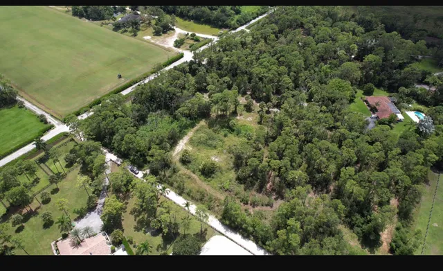 an aerial view of residential houses with outdoor space and trees