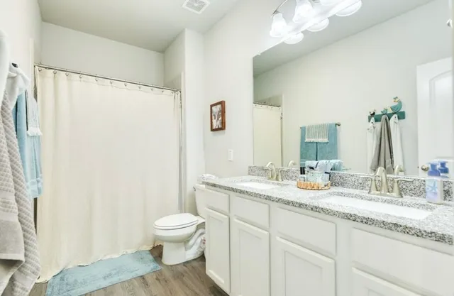 a bathroom with a granite countertop sink toilet and a mirror