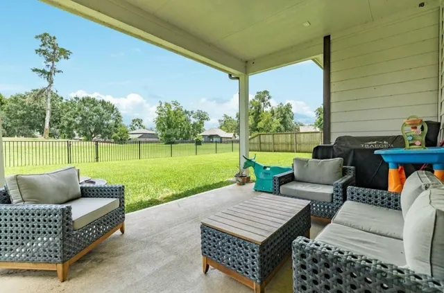 a garden view with a seating space