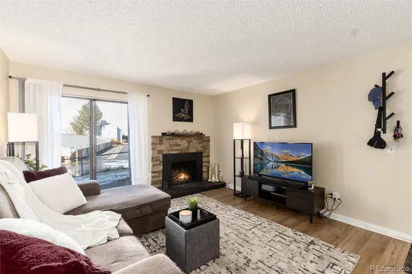 a living room with furniture a flat screen tv and a fireplace