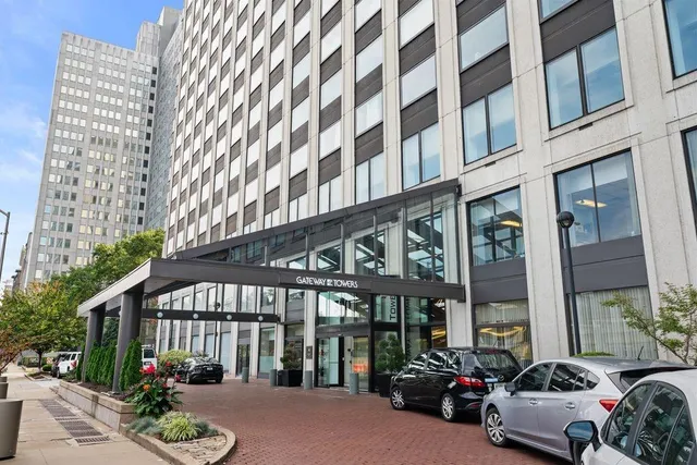 a view of a building with a large windows