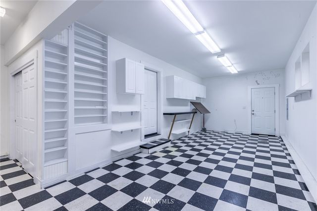 a black and white checkered floor