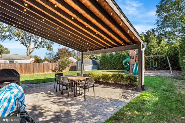 a view of a swimming pool with a garden and trees