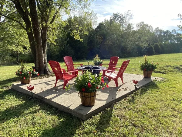 a view of a bench in the garden near a lake