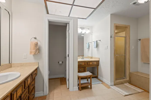 a bathroom with a sink a mirror and a shower