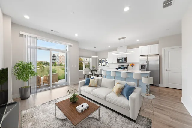 a living room with furniture potted plant and kitchen view