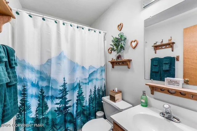 a bathroom with a sink mirror and toilet