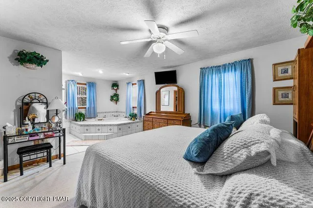 a bedroom with a bed potted plant and dresser