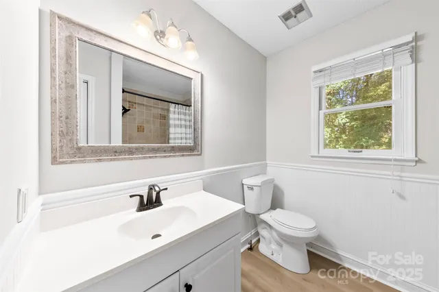 a bathroom with a sink vanity mirror and toilet