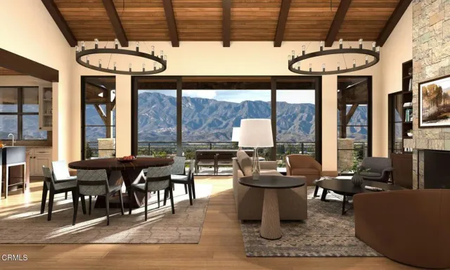 a dining room with furniture and wooden floor