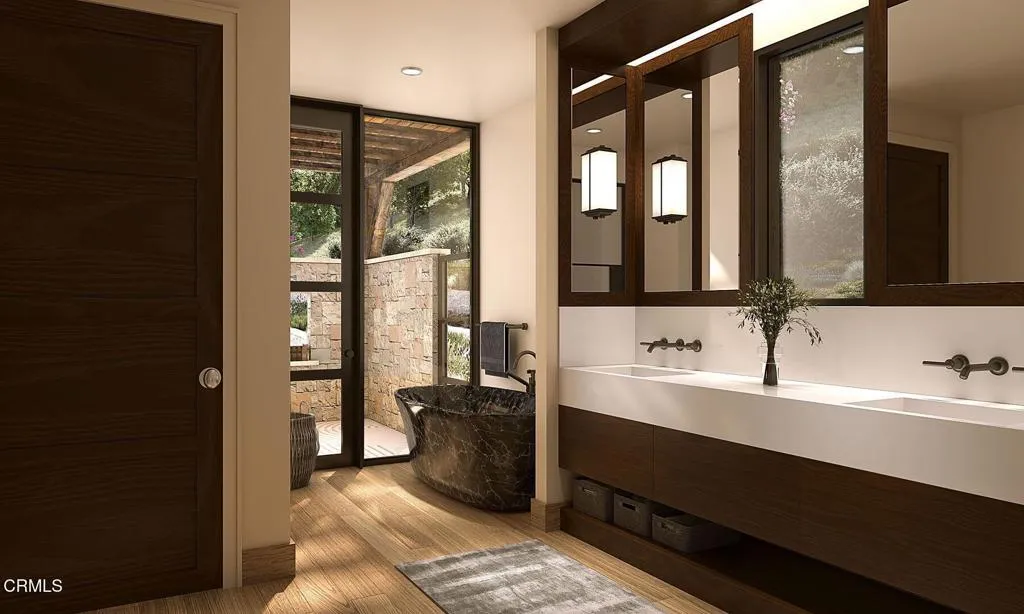 0 Encino Oak View Oak View, CA 93022 - Photo 35 of 50 a bathroom with a double vanity sink and mirror