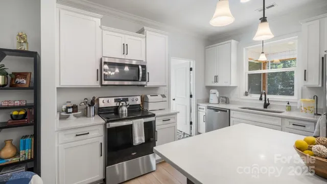 a kitchen with a sink stainless steel appliances and cabinets