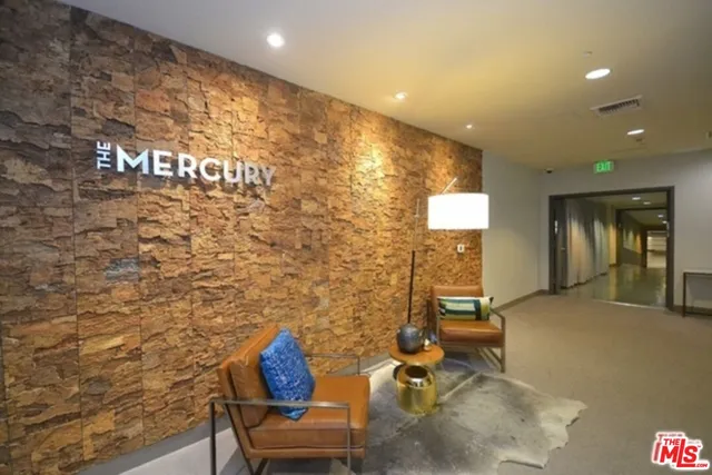 a lobby with furniture