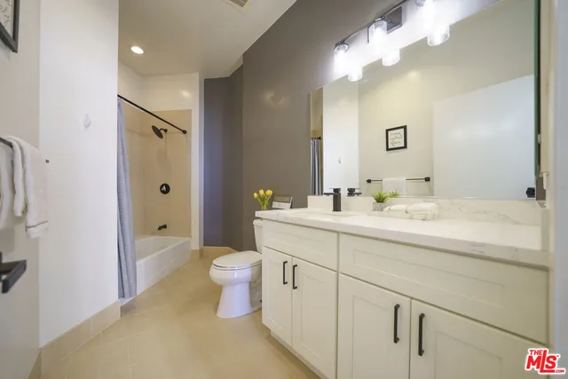 a bathroom with a double vanity sink mirror and toilet