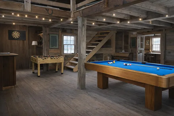 a outdoor space with pool table and chairs
