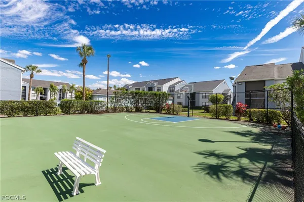an outdoor space with seating