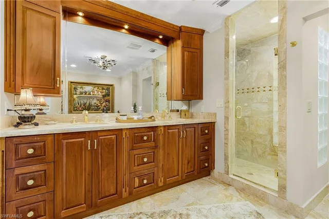 a bathroom with a granite countertop sink mirror and a shower