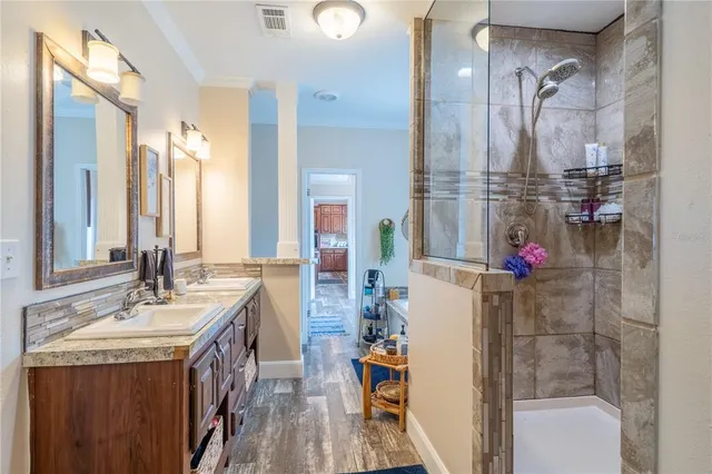 a bathroom with a sink vanity mirror and shower