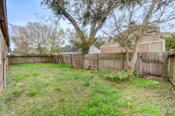 a view of a yard with a large tree and wooden fence