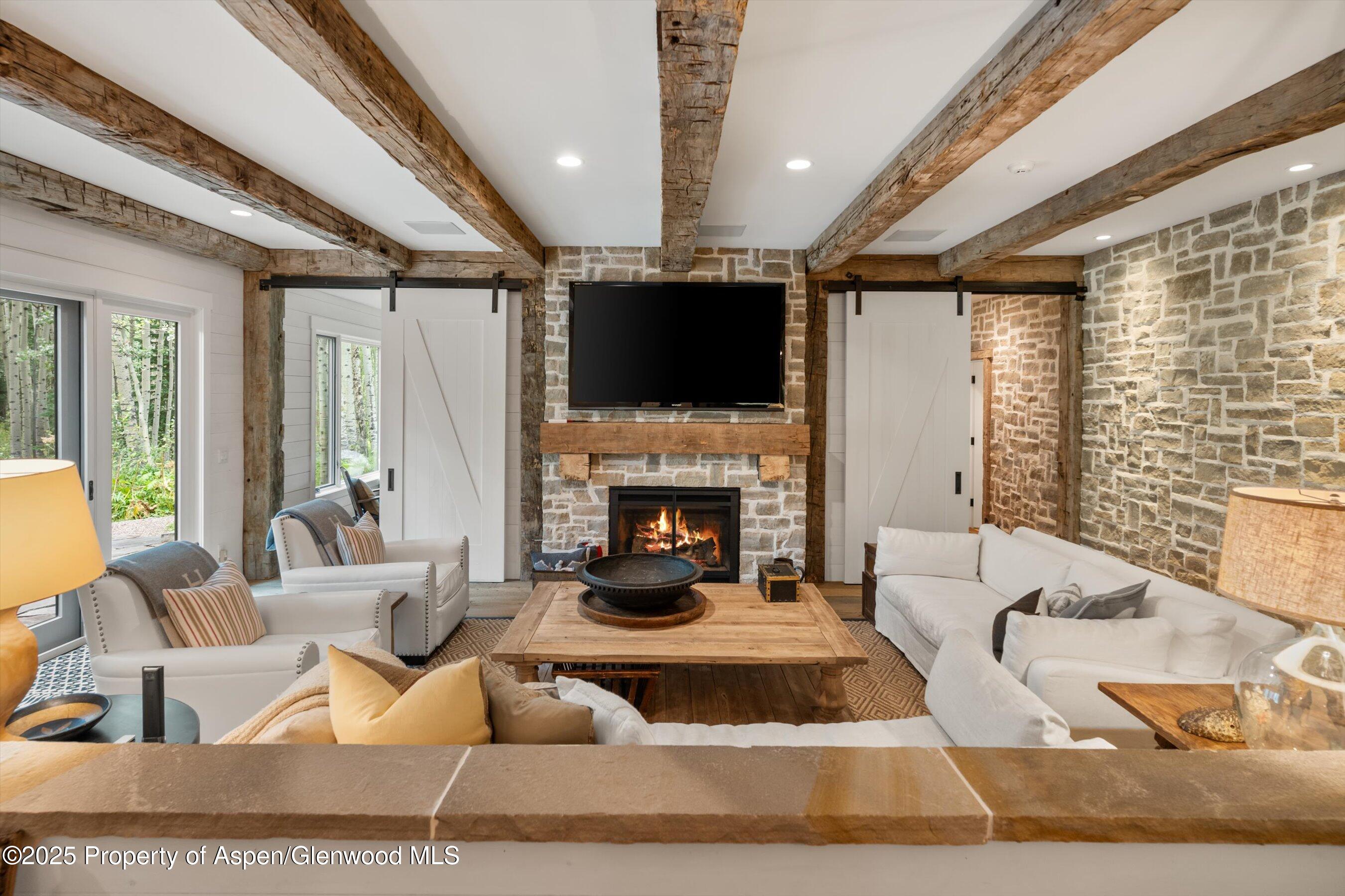 9555 Castle Creek Road Aspen, CO 81612 - Photo 20 of 42 a living room with furniture a flat screen tv and a fireplace