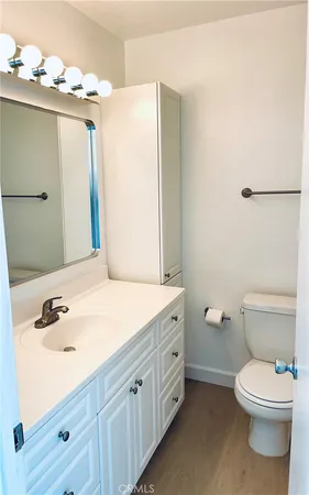 a bathroom with a sink a toilet and mirror