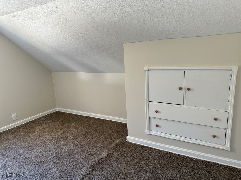 1877 Clyde Road Madison, OH 44057 - Photo 9 of 19 Additional living space featuring a textured ceiling, dark colored carpet, and lofted ceiling