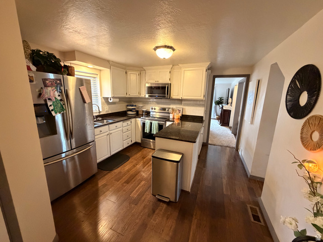 110 South 200 East Springville, UT 84663 - Photo 7 of 23 Kitchen featuring stainless steel appliances, white cabinets, tasteful backsplash, dark wood-type flooring, and a textured ceiling