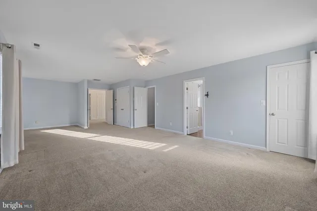 a spacious bedroom with a bed a couch and a potted plant