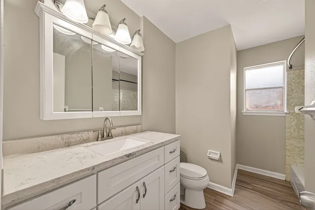 a bathroom with a granite countertop sink a toilet and a mirror