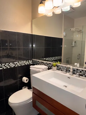 a bathroom with a sink a toilet and a shower