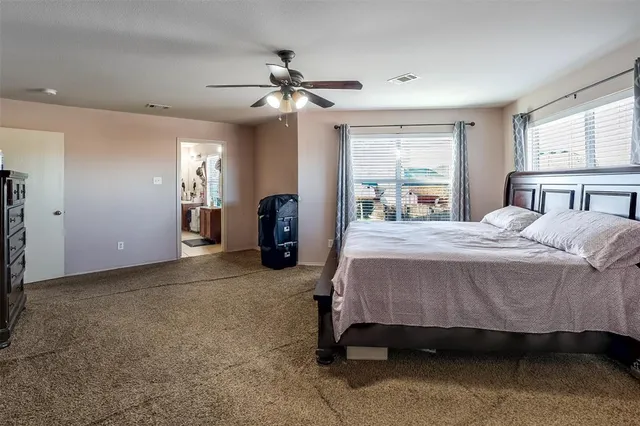 a bedroom with a bed and ceiling fan