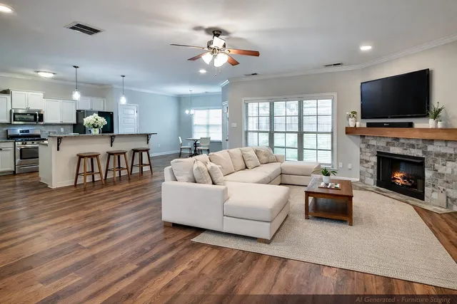 a view of kitchen with stainless steel appliances granite countertop a stove top oven a sink dishwasher and a microwave oven on the wooden floor