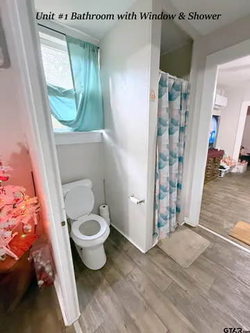 a bathroom with a toilet and a shower