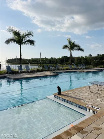 a view of a lake with palm trees