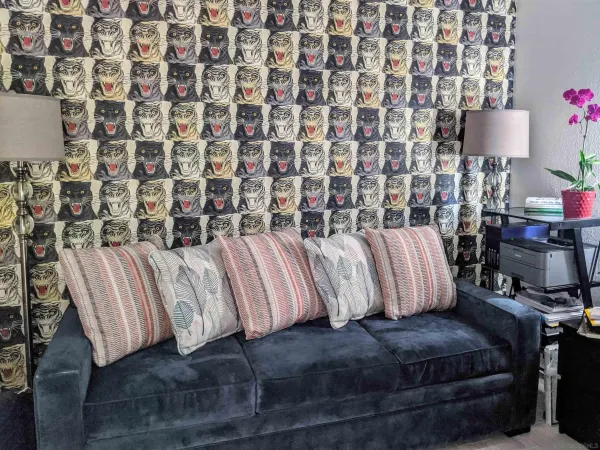 a living room with a couch and a potted plant