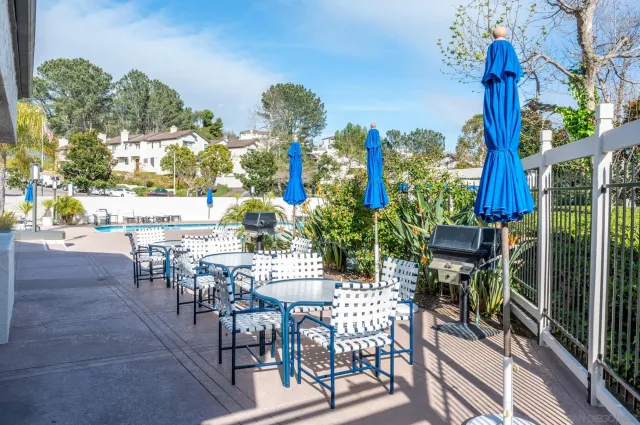 a view of a swimming pool with a patio and plants