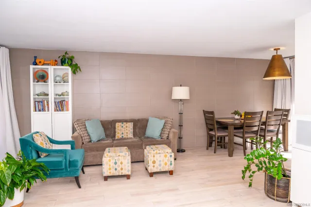 a living room with furniture a rug and a potted plant
